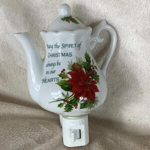 Cracker Barrel Teapot Nightlight Christmas Poinsettia Season of Peace Porcelain​